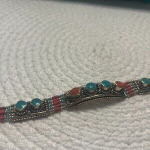Tribal TURQUOISE & RED CORAL Handmade Sterling Bracelet Size 7 3/4" #134D